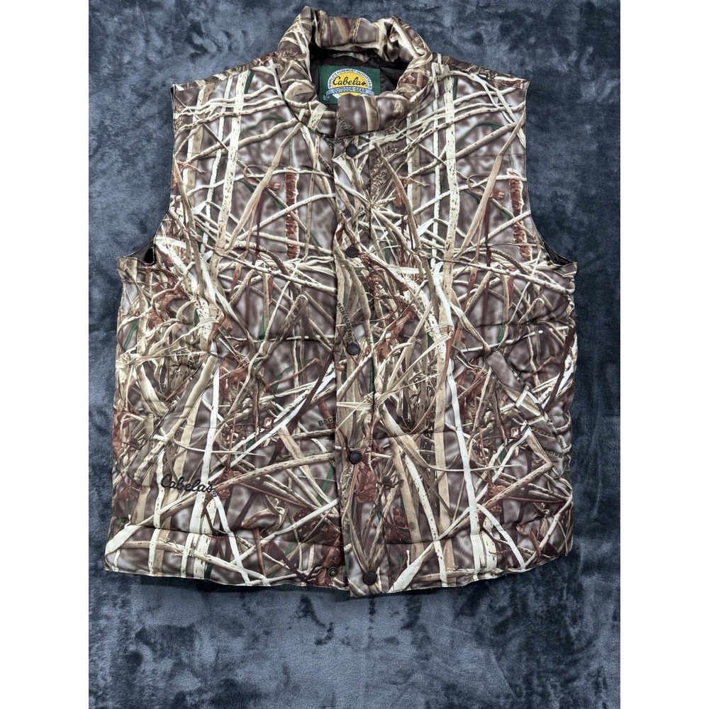 Cabela's Backwaters Camo Puffer Vest Mens M Brown Green Hunting Outdoor Full Zip